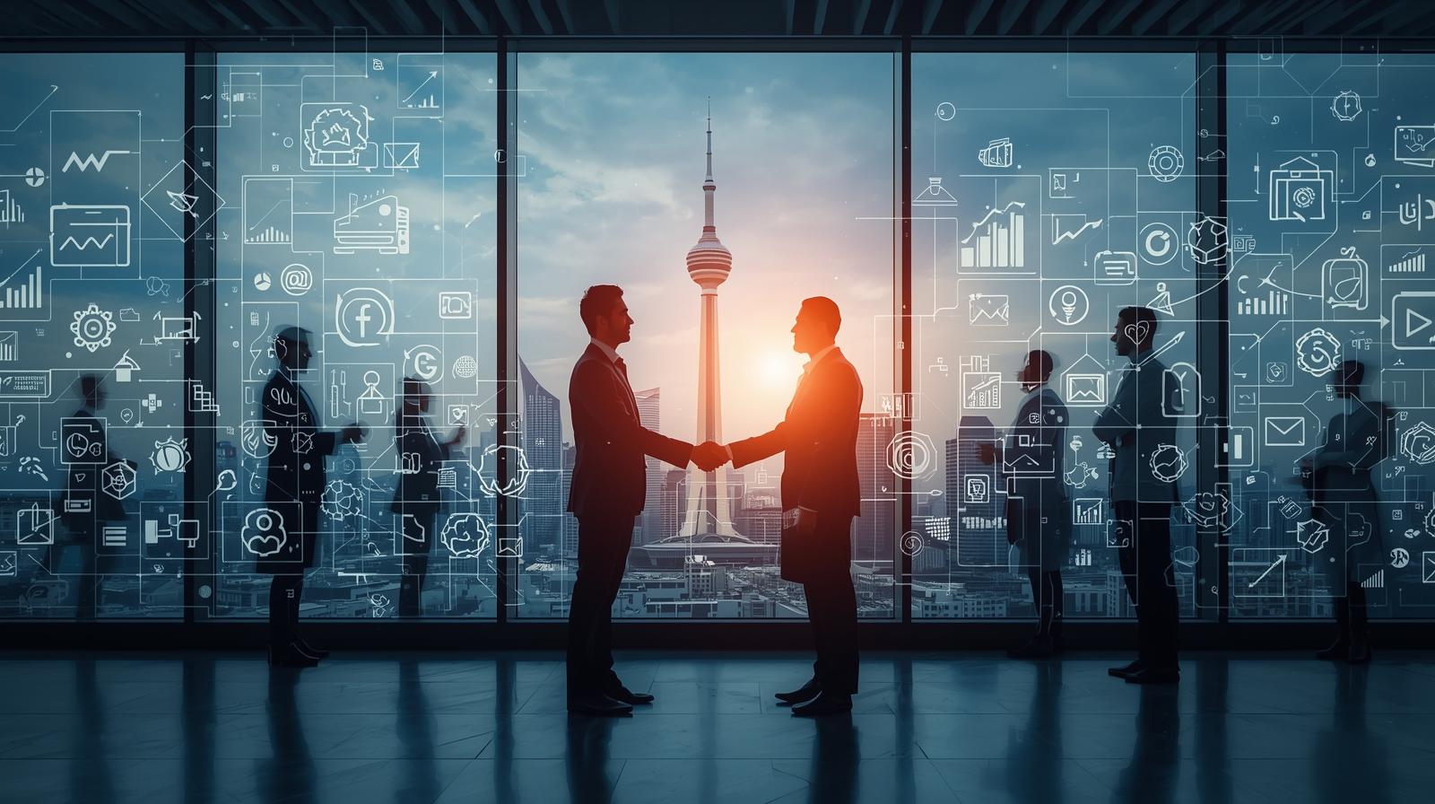 International and Iranian marketing experts discussing business strategy in a modern Tehran office.